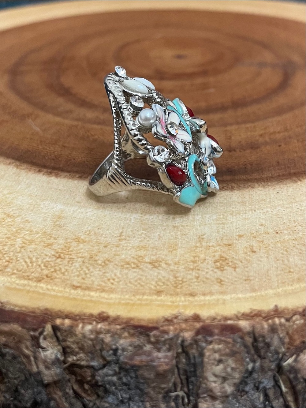 Vintage Floral Multicolor Enamel Pear Shaped Statement Ring Turquoise Red White - Picture 7 of 10
